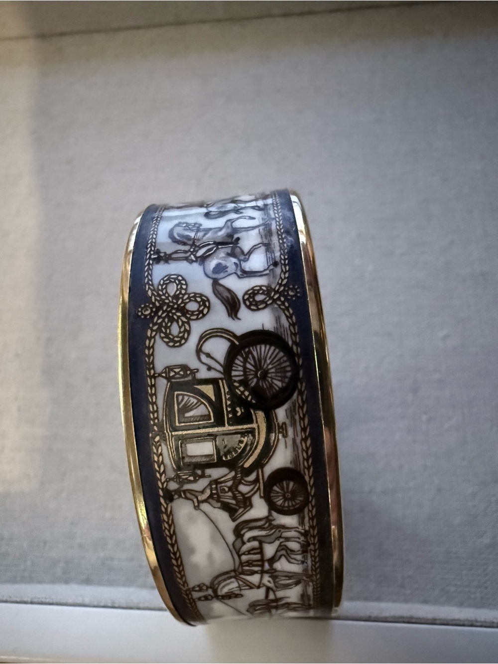 Hermes White and Black with Blue Enamel Bangle with Gold Trim - Picture 4 of 5